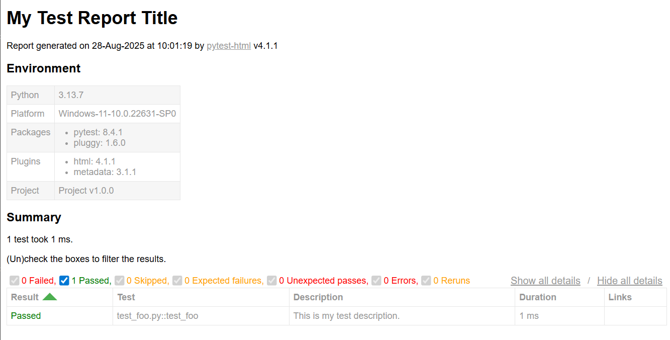 pytest-html report screenshot